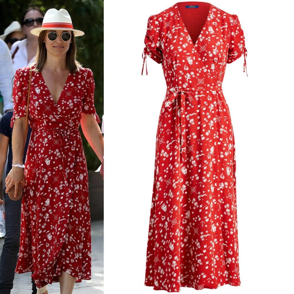 Polo by Ralph Lauren Red Floral Wrap Midi Dress